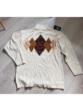 Koman Men's Sweater XL Cream Faux Suede Argyle Ribbed Knit Mock Neck Pullover Vi
